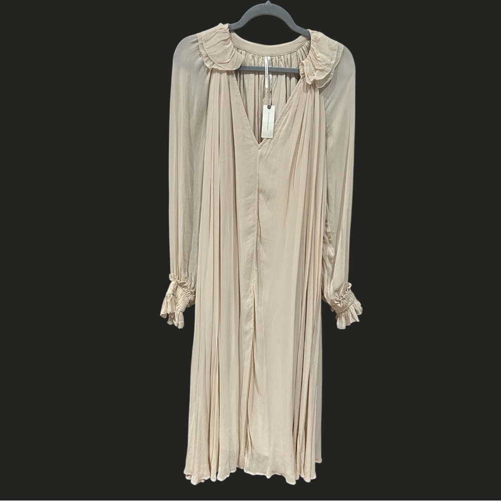 NWT ANTHROPOLOGIE Long Sleeve Sheer Pleated Maxi Dress Neutral XS-M - Picture 5 of 16